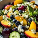 A close-up of a colorful Blueberry Peach Feta Salad in a white bowl, featuring fresh cucumbers and basil.