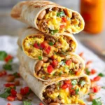 A stack of four delicious breakfast burritos, cut open to reveal scrambled eggs, seasoned meat, pinto beans, and colorful peppers.