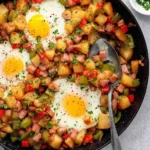 A skillet of savory breakfast hash with roasted potatoes, bell peppers, ham, and sunny-side-up eggs, garnished with fresh parsley.