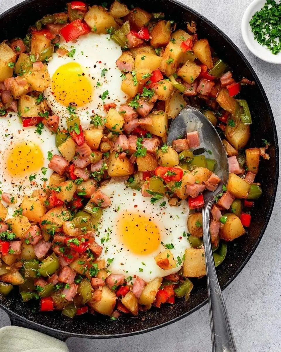 A skillet of savory breakfast hash with roasted potatoes, bell peppers, ham, and sunny-side-up eggs, garnished with fresh parsley.