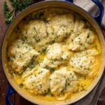 A top-down view of a vibrant blue pot filled with creamy broccoli cheddar dumpling soup, generously garnished with fresh parsley.