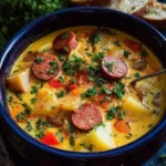 A vibrant blue bowl filled with hearty cajun potato soup, featuring sliced sausage, potato chunks, and fresh parsley, with bread in the background.