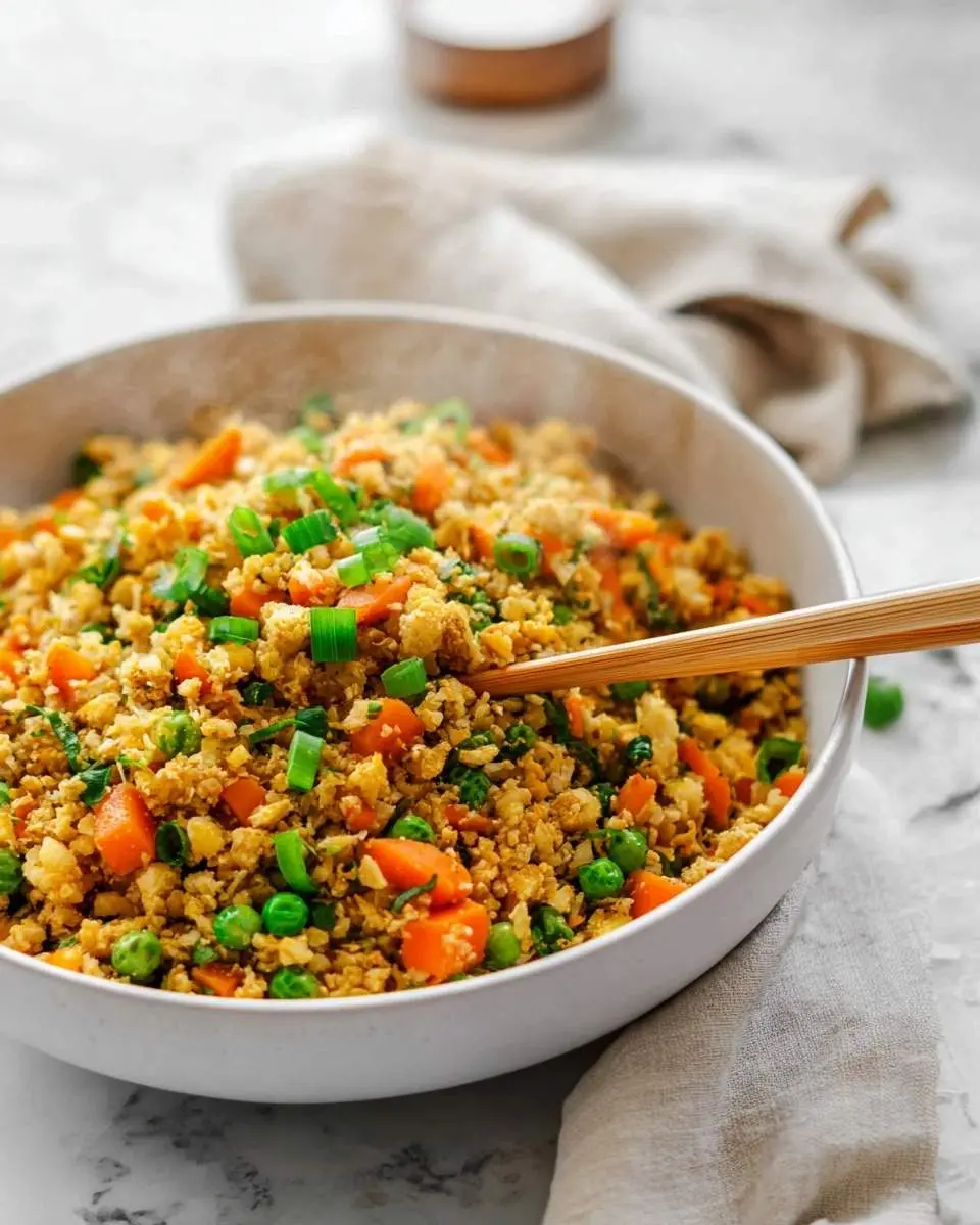 cauliflower fried rice 25 A steaming bowl of colorful cauliflower fried rice with diced carrots, green peas, and chopped scallions, served with chopsticks.