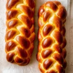 Two perfectly braided, golden-brown loaves of Challah Bread resting on white parchment paper.