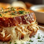A close-up of a delectable Cheesy Chicken Garlic Bread Sandwich overflowing with melted cheese and shredded chicken, garnished with fresh parsley.