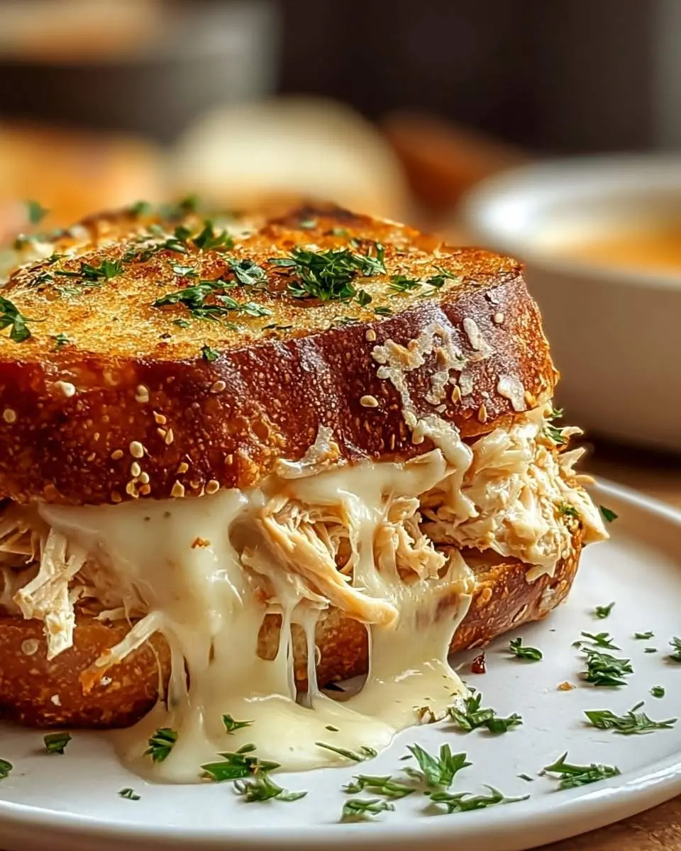 Cheesy Chicken Garlic Bread Sandwich 28 A close-up of a delectable Cheesy Chicken Garlic Bread Sandwich overflowing with melted cheese and shredded chicken, garnished with fresh parsley.