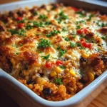 A close-up of a bubbling, golden-brown cheesy Mexican rice casserole in a white baking dish, garnished with fresh parsley.