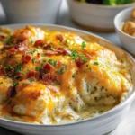 A creamy chicken bubble biscuit bake casserole topped with melted cheddar cheese, crispy bacon, and fresh parsley, served with sides.