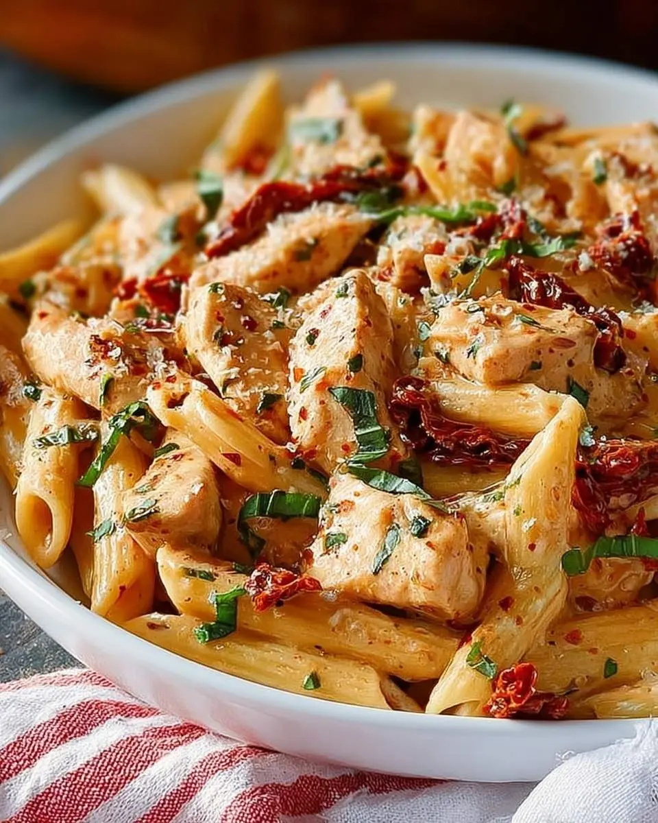 Chicken Mozzarella Pasta 25 A close-up shot of a delicious bowl of creamy Chicken Mozzarella Pasta with sun-dried tomatoes and fresh basil.