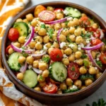 A wooden bowl of vibrant chickpea salad with chickpeas, cucumbers, cherry tomatoes, red onion, feta, and parsley on a patterned napkin.