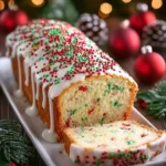 A Christmas Sprinkle Buttermilk Bread loaf with white icing and red and green sprinkles, a slice cut, on a white platter.