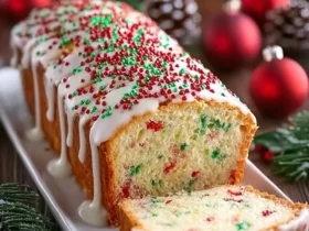 A Christmas Sprinkle Buttermilk Bread loaf with white icing and red and green sprinkles, a slice cut, on a white platter.