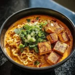 A close-up shot of a steaming bowl of delicious homemade coconut curry ramen topped with crispy tofu, green onions, and mint.