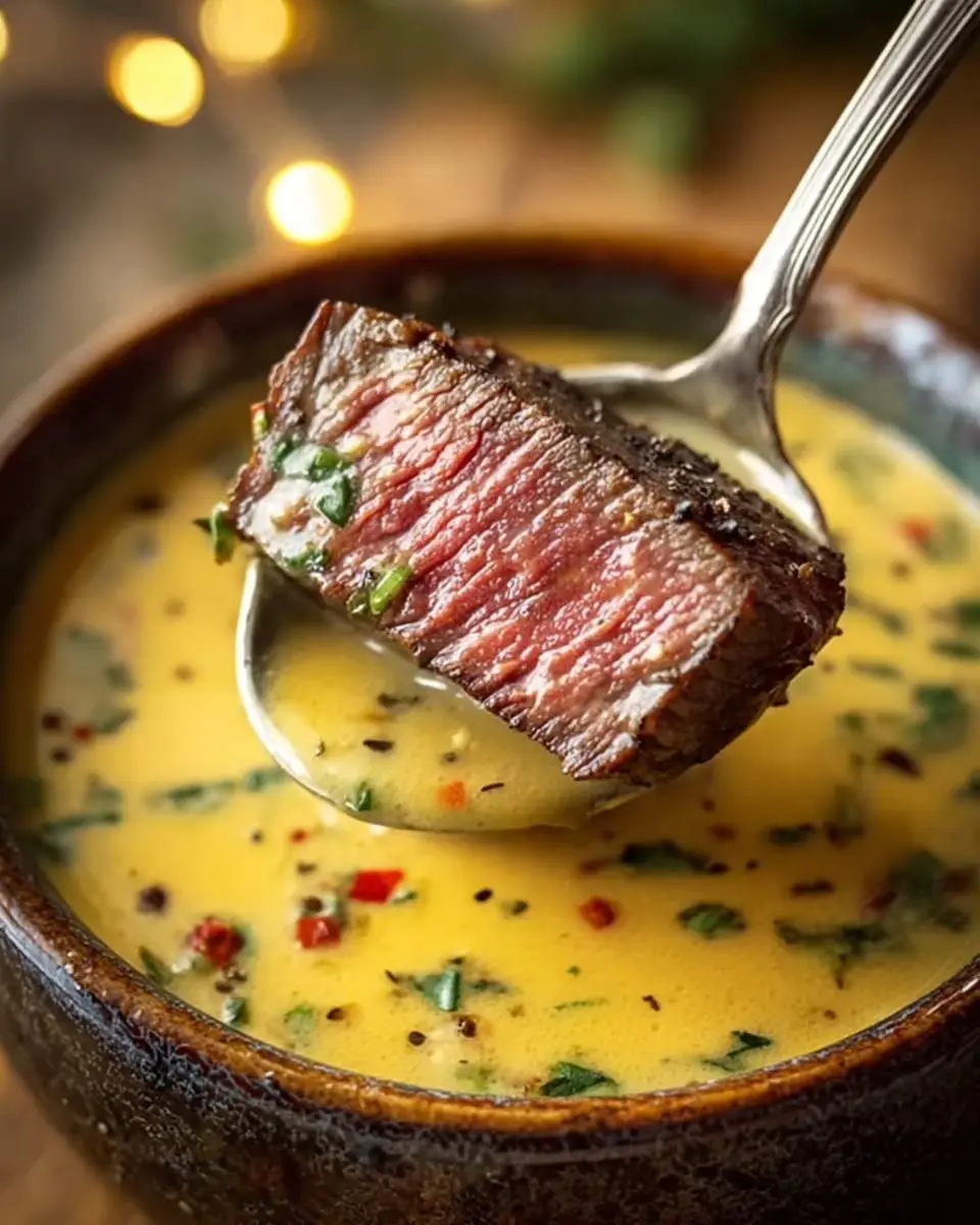 Cowboy Butter Dipping Sauce 27 A spoonful of medium-rare steak, perfectly seared, dipped into a vibrant bowl of Cowboy Butter Dipping Sauce, garnished with herbs and spices.