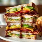 A delicious, towering Cowboy Club Sandwich, layered with grilled chicken, crispy bacon, cheddar, avocado, tomato, and lettuce.