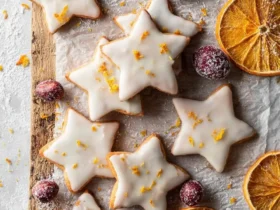 Star-shaped Cranberry Orange Shortbread Cookies with icing, zest, dried oranges, and sugared cranberries on a wooden board.