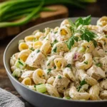 A delicious creamy pasta salad with chicken, macaroni, celery, and parsley served in a grey bowl on a wooden surface.