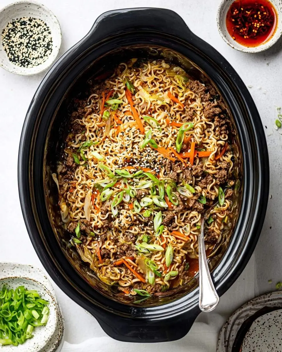 Crockpot Beef Ramen 28 Overhead view of a hearty Crockpot Beef Ramen with noodles, ground beef, vegetables, green onions, and sesame seeds, served in a black crockpot.