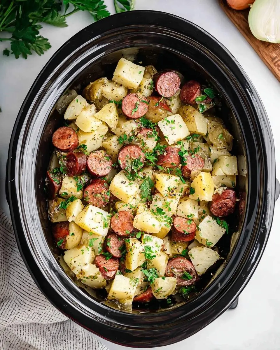 Crockpot Potatoes and Kielbasa 28 Overhead view of a black crockpot filled with cooked Crockpot Potatoes and Kielbasa, seasoned and garnished with fresh parsley.