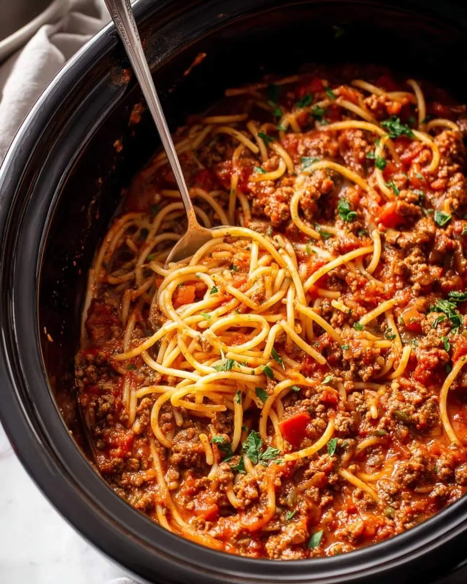 Crockpot Spaghetti 27 A close-up view of a large black slow cooker filled with hearty Crockpot Spaghetti and a serving fork lifting some noodles.