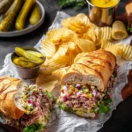 Hearty Cuban Garlic Bread Sandwiches, piled high with meat and colorful relish, served with crispy ripple chips and pickles.