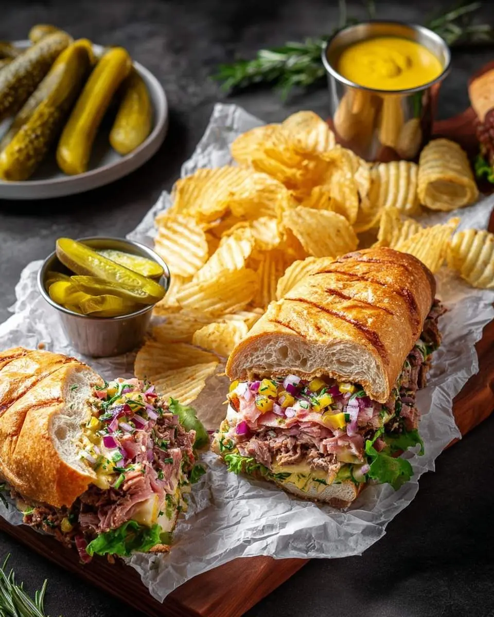 Cuban Garlic Bread Sandwiches 25 Hearty Cuban Garlic Bread Sandwiches, piled high with meat and colorful relish, served with crispy ripple chips and pickles.