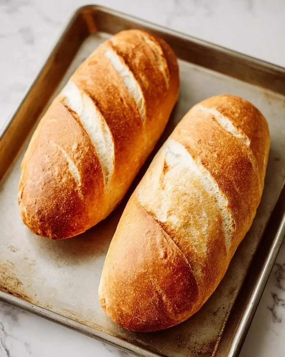 French Bread 28 Two freshly baked golden-brown loaves of French Bread with characteristic diagonal slashes resting on a rustic metal baking sheet.