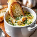 A rustic bowl of creamy French Garlic Soup with roasted garlic cloves, fresh herbs, and a golden slice of toasted baguette dipped in.