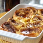 Close-up of a delicious French Toast Casserole in a white baking dish, drizzled with syrup and sprinkled with cinnamon sugar.