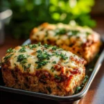 Two mini Garlic Parmesan Chicken Meatloaves, beautifully baked with melted cheese and fresh parsley in a dark baking pan.