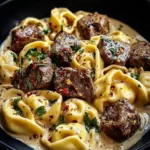 Close-up of a delicious bowl of Garlic Steak Tortellini in a creamy sauce, garnished with fresh herbs and chili flakes.