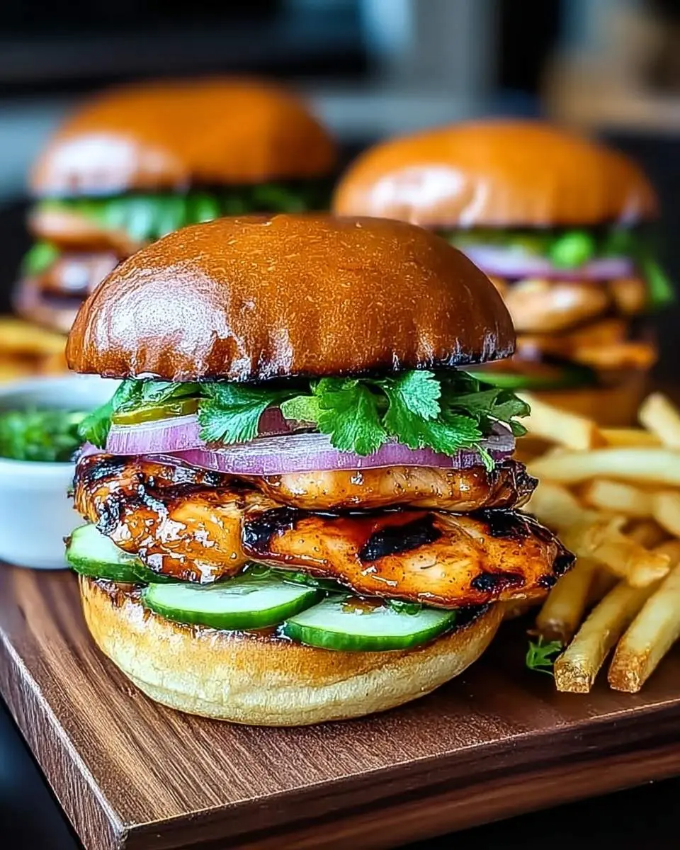 Hawaiian Chicken Sandwiches 27 A close-up of a stacked Hawaiian Chicken Sandwich with grilled chicken, red onion, cilantro, and cucumber, served with fries.