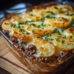 A close-up of a freshly baked hobo casserole in a glass dish, with a savory meat base and a golden potato topping.