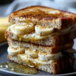 A close-up view of a stacked Honey Banana Grilled Cheese Sandwich drizzled with golden honey and sprinkled with chia seeds.
