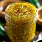 A clear glass jar brimming with vibrant green Jalapeno Honey Mustard Sauce, featuring visible red chili flakes and green specks, with blurred jalapeños in the background.
