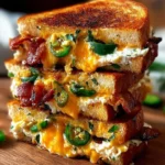 A stack of golden brown Jalapeno Popper Grilled Cheese, oozing with melted cheese, crispy bacon, and fresh jalapeño slices.