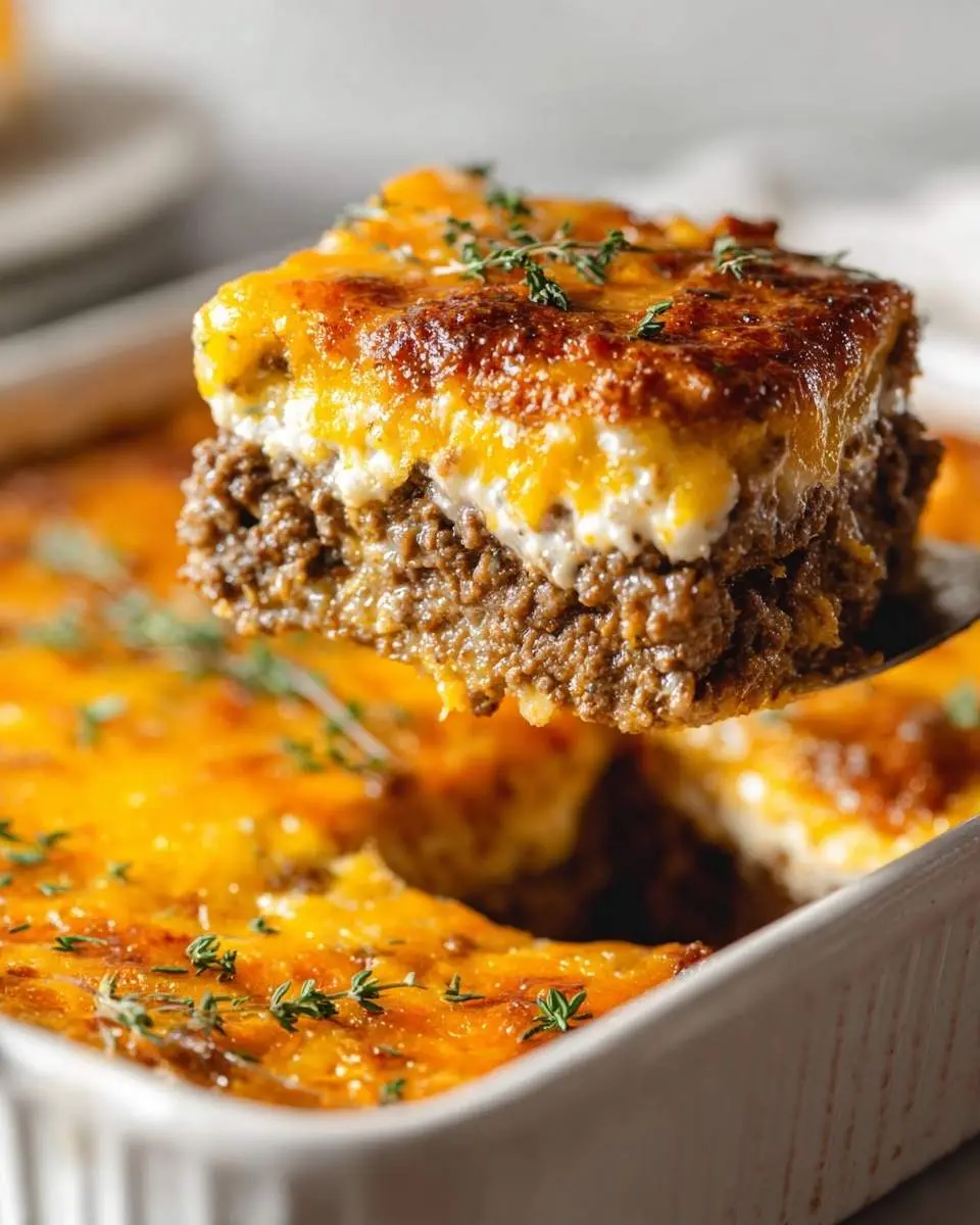 John Wayne Casserole 27 A savory slice of John Wayne Casserole, showcasing layers of seasoned ground beef, a creamy white filling, and bubbly melted cheese, lifted from a baking dish.
