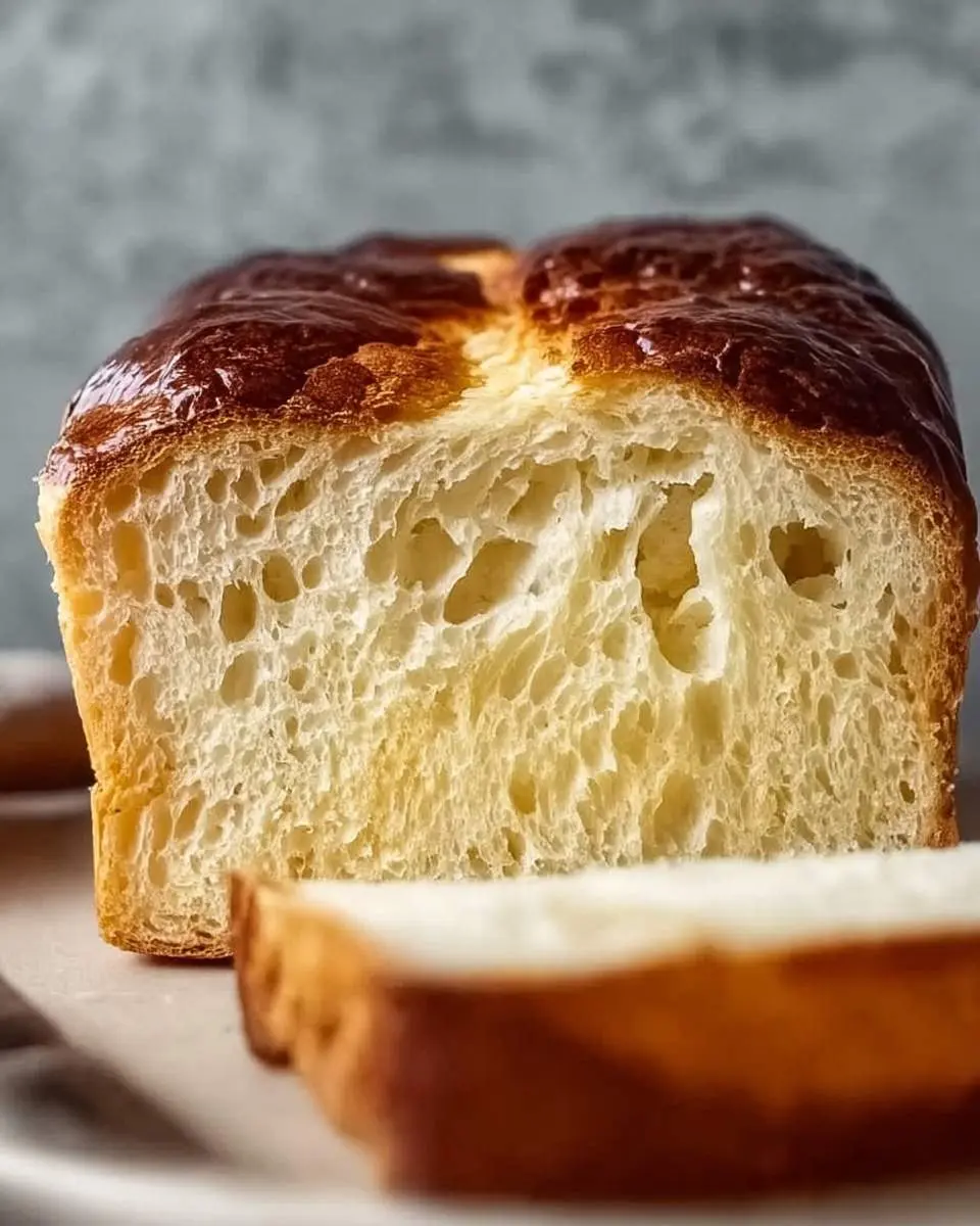 A beautifully golden brown, sliced loaf of Keto Brioche Bread on a light surface, revealing its soft, airy interior.
