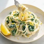 A fork lifts a creamy swirl of lemon ricotta pasta with spinach and lemon zest from a white plate, alongside a lemon wedge.