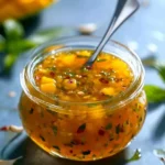 A close-up of a clear glass jar filled with vibrant Mango Habanero Honey Garlic Sauce, featuring mango chunks, herbs, and chili flakes, with a spoon inside.