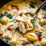A creamy marry me chicken soup with shredded chicken, shell pasta, spinach, and sun-dried tomatoes, being scooped with a ladle.