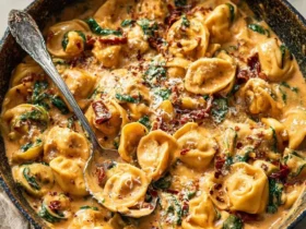 A rustic skillet filled with creamy Marry Me Tortellini, spinach, and sun-dried tomatoes, topped with parmesan and red pepper flakes.