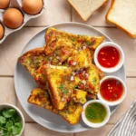 A plate of savory Masala French Toast garnished with herbs, red onions, and chili, served with three dipping sauces, alongside eggs and bread slices.