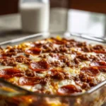 Bubbling Meat Lovers Pizza Casserole in a glass dish, topped with melted mozzarella, pepperoni, and ground meat, with a blurry milk bottle behind.