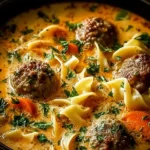 A hearty bowl of creamy meatball soup with browned meatballs, egg noodles, carrots, and fresh parsley, presented in a dark bowl.