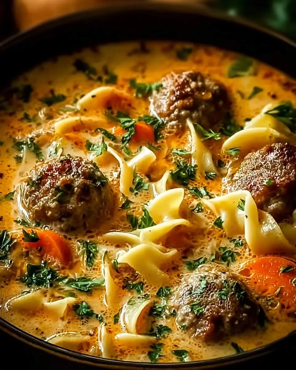 meatball soup 25 A hearty bowl of creamy meatball soup with browned meatballs, egg noodles, carrots, and fresh parsley, presented in a dark bowl.