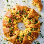 A golden-baked savory Mediterranean Crescent Ring with an egg, bacon, and vegetable filling, garnished with parsley, on parchment paper.