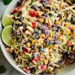 A vibrant bowl of Mexican Coleslaw Recipe featuring shredded cabbage, black beans, corn, red bell pepper, avocado, and lime wedges.