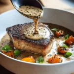 A black spoon pours creamy Peppercorn Sauce over a perfectly seared piece of fish in a white bowl, garnished with orange cubes and fresh herbs.