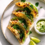 Overhead shot of five delicious Raw Vegan Tacos filled with fresh ingredients, served with creamy guacamole and zesty lime on a white plate.